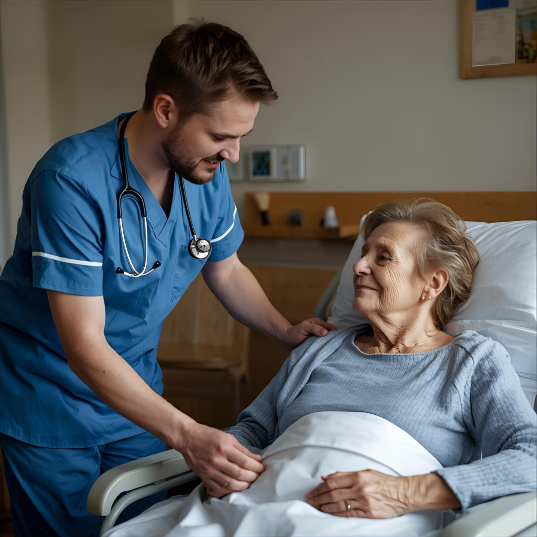 Młody pielęgniarz w niebieskim uniformie, ze stetoskopem na szyi, rozmawia z uśmiechniętą starszą pacjentką leżącą w łóżku. Trzyma ją za rękę, okazując troskę i wsparcie.